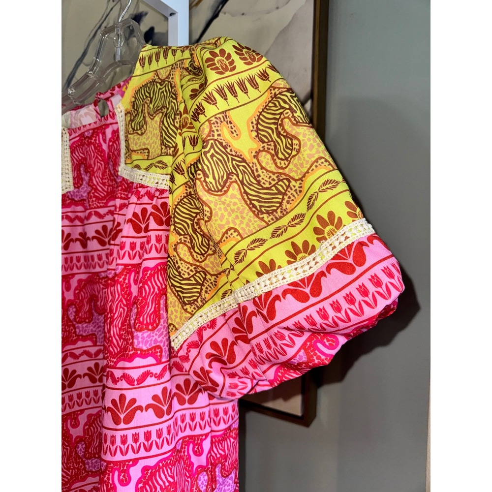THML Adeline Animal Print Top Pink Yellow Tiger Floral Puff Sleeve Blouse S - Picture 4 of 6